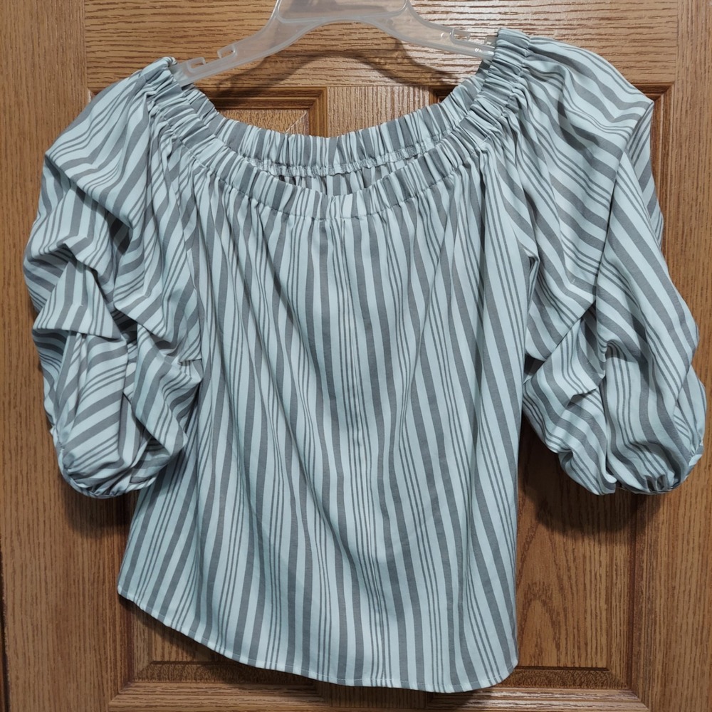 She + Sky Women's SMALL Black & White Striped Top Blouse Boho Peasant Shoulder - Picture 4 of 7